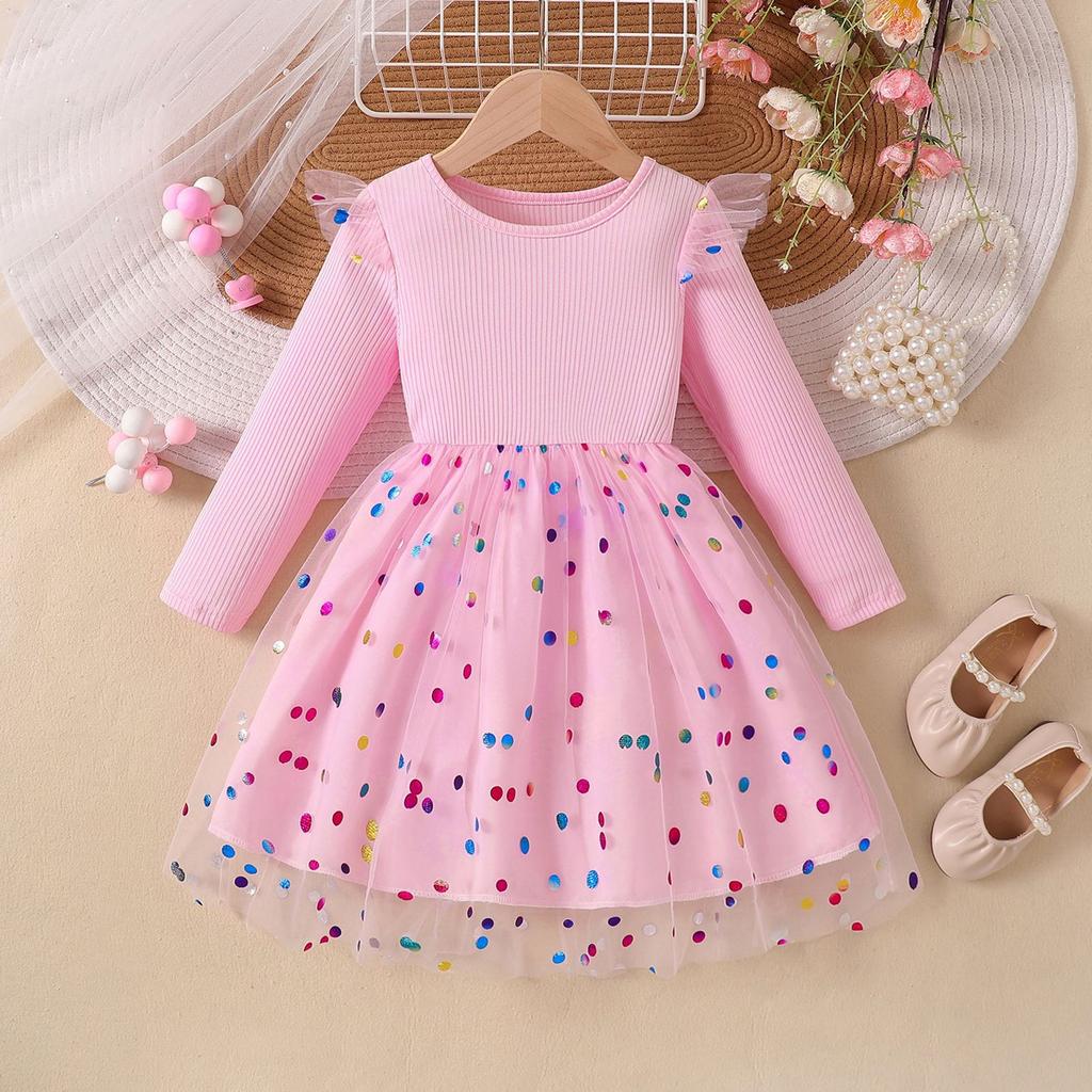 Sweet Girls' Dress Spring/Fall Children's Fashion Long-Sleeve Sequin Mesh Dress