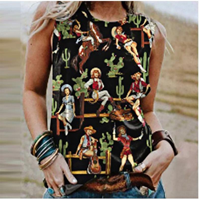 New retro western denim sleeveless T-shirt with women's 3D horse print, round neck and off shoulder vest, Y2K sleeveless T-shirt, women's clothing