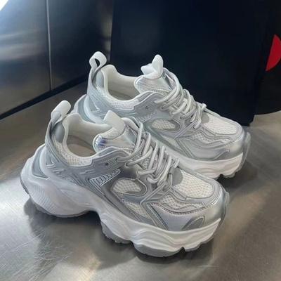 Silver Dad Shoes Spring and Summer New Mesh Breathable Thick Bottom Height Increasing Women Shoes Leather Casual Sneaker