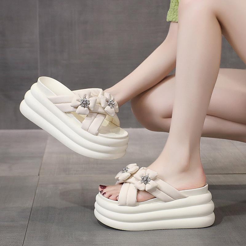 Fashion High Platform Slippers For Women Open Toe Leather Wedges Chunky Sandals New Summer Soft Thick Bottom Female Beach Flip Flops 8CM