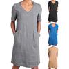 Women's Cotton Linen Shirt Dress Summer Short Sleeve V Neck Midi Dress Casual Shift Dress with Pockets