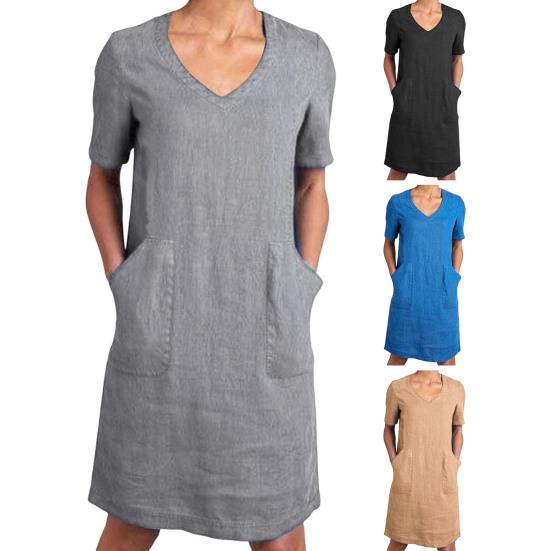Women's Cotton Linen Shirt Dress Summer Short Sleeve V Neck Midi Dress Casual Shift Dress with Pockets