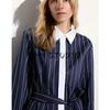 Spring and Summer New Women's Clothing Fold Collar Micro Drop-Shoulder Long-Sleeve Waist Belt Shirt Style Dress 1282331
