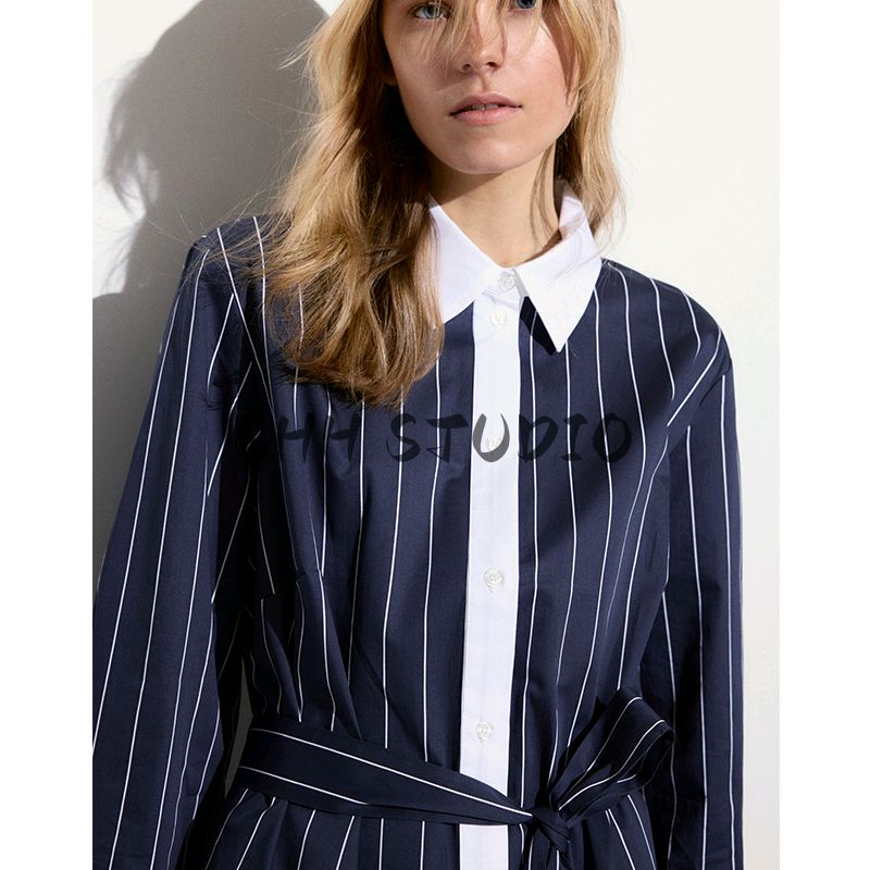 Spring and Summer New Women's Clothing Fold Collar Micro Drop-Shoulder Long-Sleeve Waist Belt Shirt Style Dress 1282331