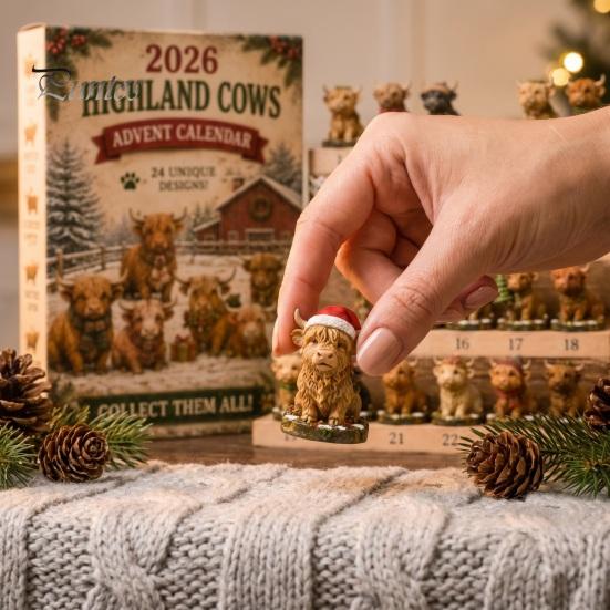 24-Tage-Countdown-Box Hochlandrind Adventskalender 2026, Weihnachten mit Acryl 2D Rinderliebhaber Geschenk Mini-Figur, Bauernhoftier Baumhänge-Dekoration für