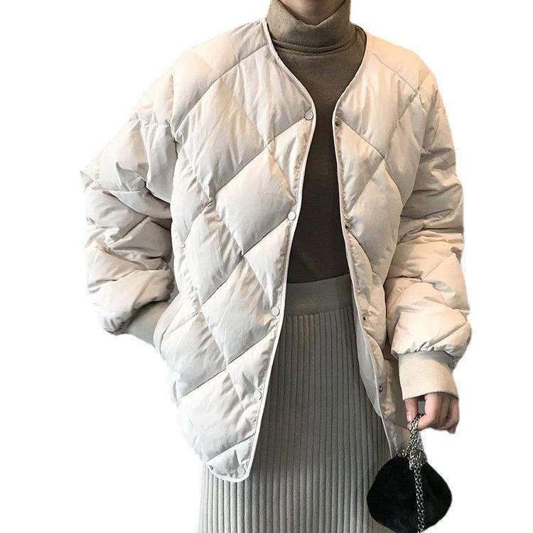 Pinghu down jacket women's short winter warm loose rhombus plaid round neck small white duck down jacket