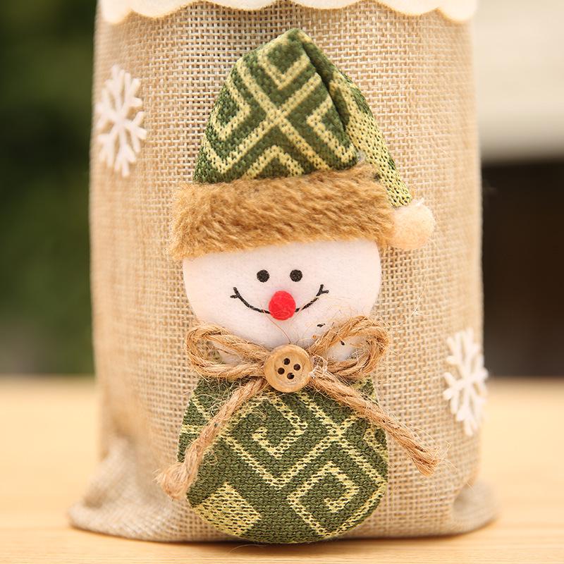 Christmas Wine Bottle Cover - Burlap Gift Bag with Santa & Snowman Design