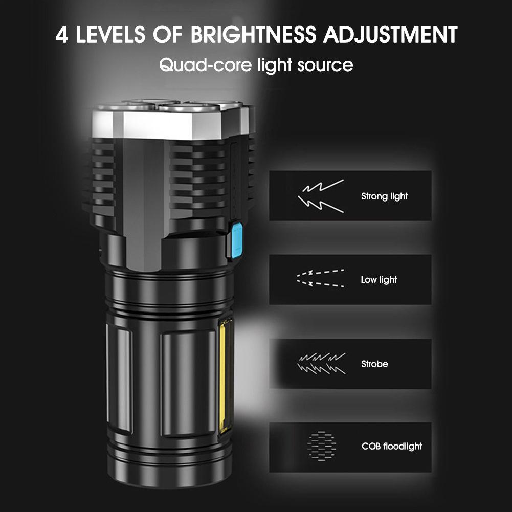 High Power LED Flashlights Camping Torch with 4 Lamp Beads and COB Side Light Rechargeable Portable Hand Lantern 4 Lighting Mode