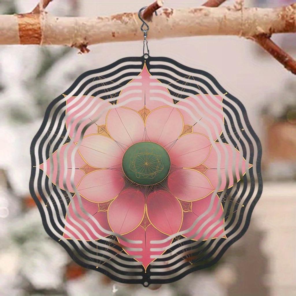 Pink Lotus Metal Wind Chime 3D Kinetic Art Outdoor Hanging Ornament Soothing Sound Housewarming Christmas Thanksgiving Halloween Decor