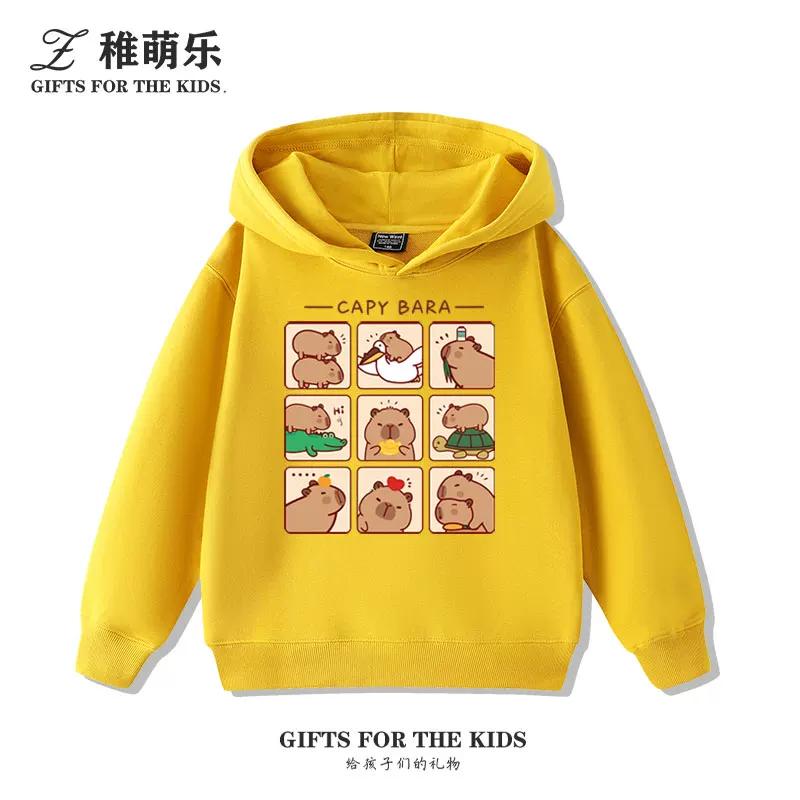 Sudadera con capucha infantil con estampado de capibara, otoño e invierno, para niños y niñas, forrada de felpa, versátil y a la moda.