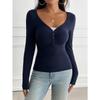 Spring Autumn Slim Fit V-neck Knitted T-shirt Women Buttons Long Sleeved Shirt Solid Color Simple Office Tops Elegant Fashion Casual Women's Clothing