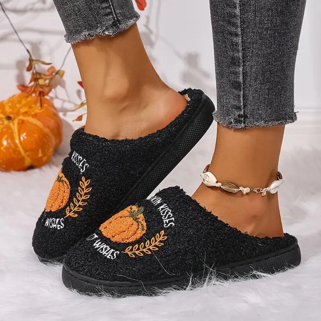 Women's Halloween Printed Plush Warm Cotton Slippers Fashionable And Casual Home Slip Closed Toe Womens Ballet Slippers Velour