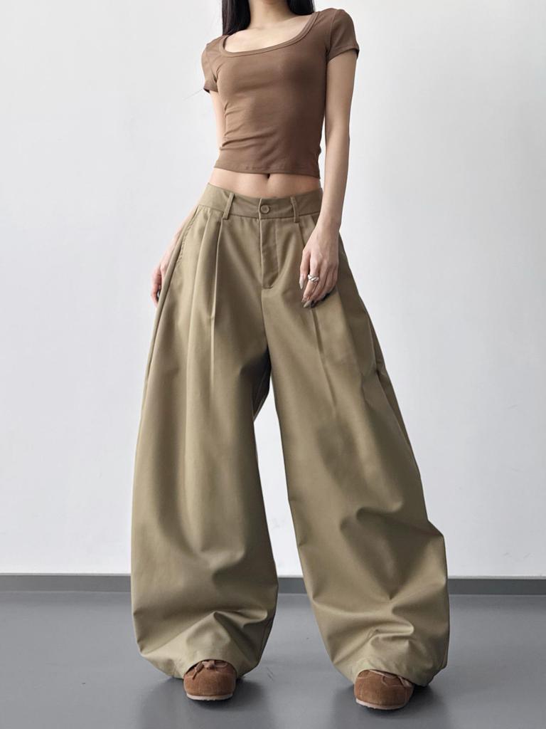 Spring 2026 Fashion: Women's High-Waisted Lazy Style Wide-Leg Khaki Pants