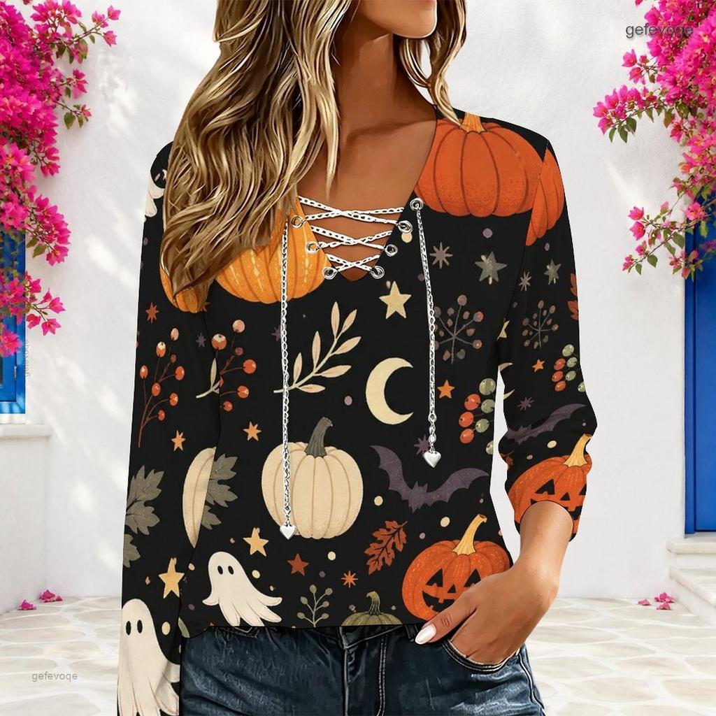 Women Plus Size Red Wine Glass And Golden Leaf Print Lace Up V Neck Long Sleeve Casual Blouse
