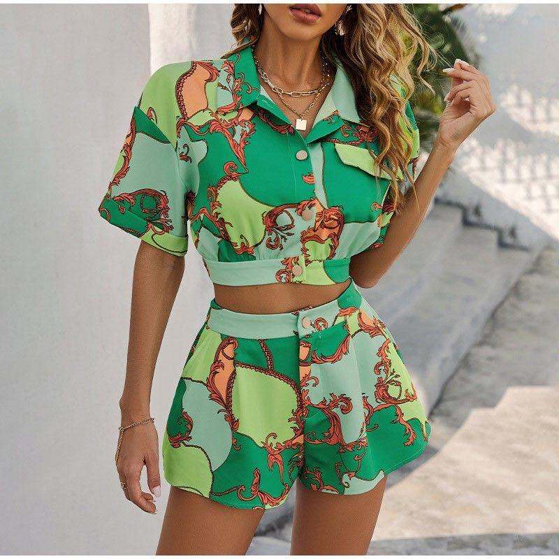 Beautiful Versatile Elegant Design Fashion Print Shirt Shorts Bohemia Style Sexy Two-Piece Suit