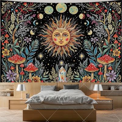 Boho slunce a měsíc gobelín Hippie houba Květinové gobelíny do ložnice Nebeská rostlina gobelíny Nástěnné umění Estetické pozadí