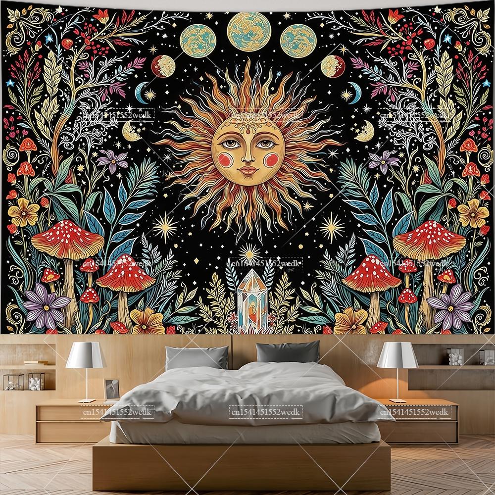 Boho Sun And Moon Tapestry Hippie Mushroom Floral Tapestries For Bedroom Celestial Plant Tapestrys Wall Art Aesthetic Background