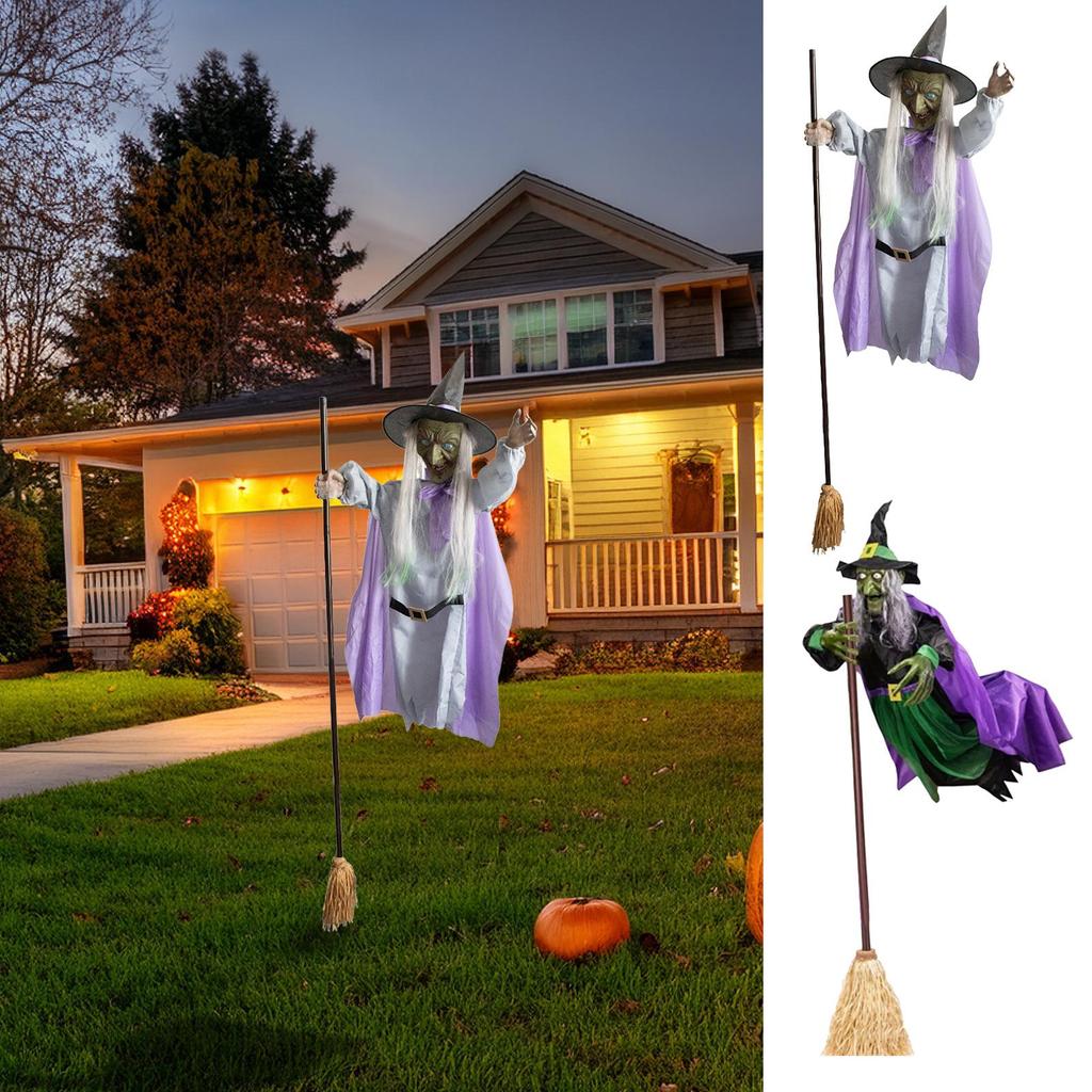 Flying Witch Decorations with Luminous Eyes Halloween Flying Witch on Broom Decor Spooky Props for Porch Yard Lawn Home Patio