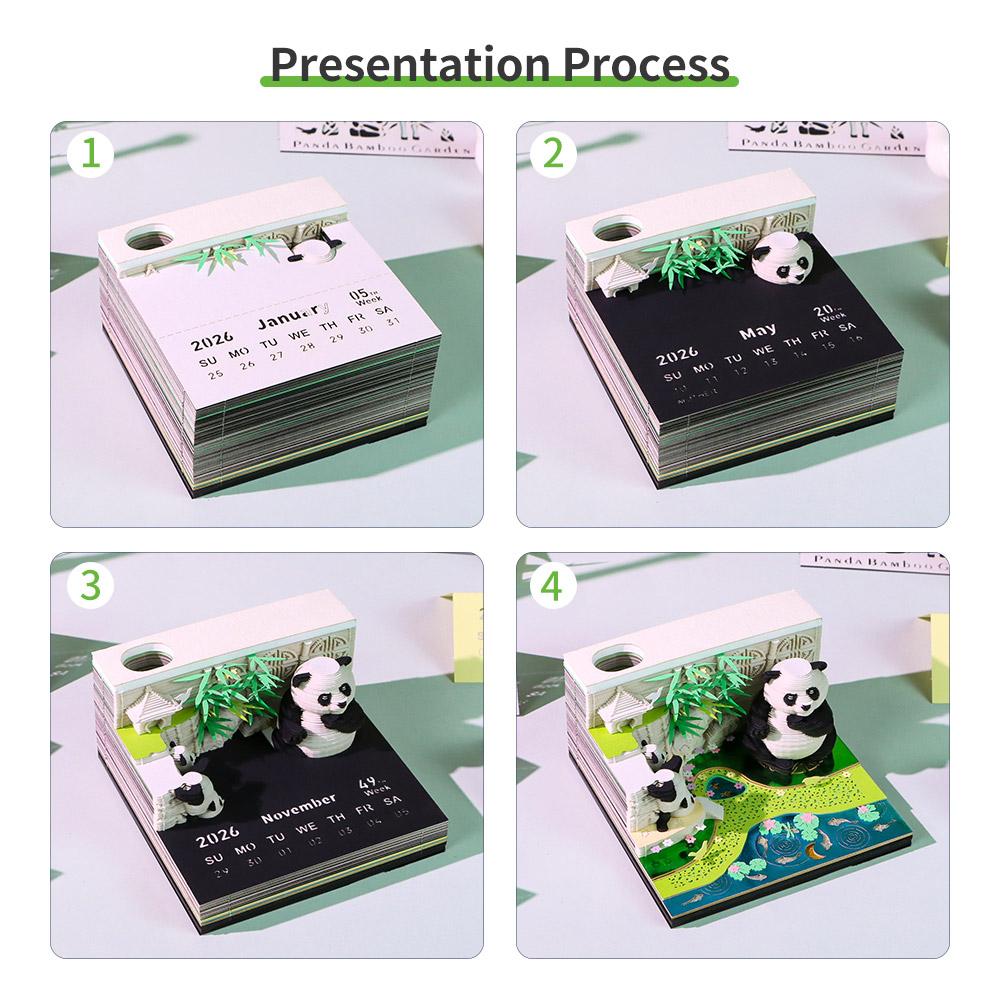 3D Zeitstück Kalender 2026 Panda Schreibtischkalender Dekoration mit Acrylhülle, Papier Skulptur Antihaft Notizen, Papier Schnitzkunst