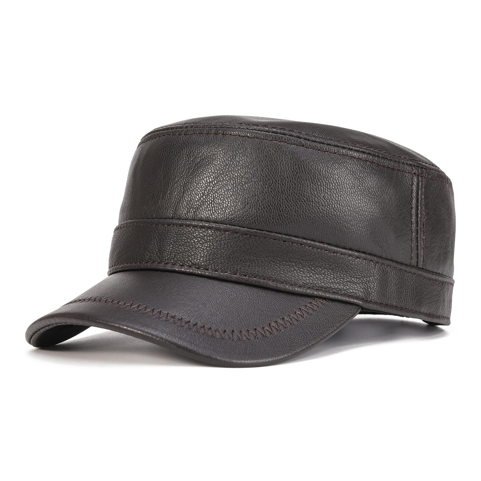 

VOBOOM Men Genuine Leather Cadet Army Cap Adjustable Flat Top Military Style Hat Cadet Cap baseball cap 57-60cm коричневый