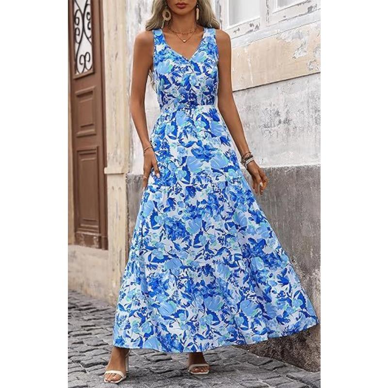 2025 Popular Women's V-neck Elastic Waist Casual Sleeveless Printed Dress