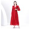 Women's V Neck Long Sleeve Maxi Dress Slim Fit High Waist Elegant Lace A Line Dress