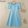 ZANZEA Women Casual Square Collar Summer Short Sleeve A-Line Dress