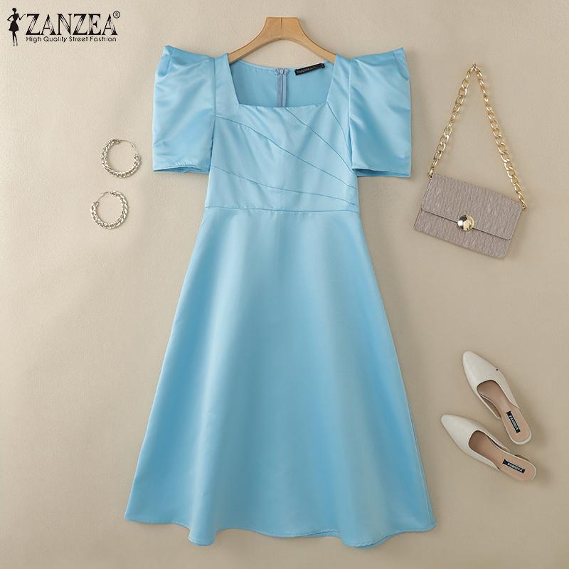 ZANZEA Women Casual Square Collar Summer Short Sleeve A-Line Dress