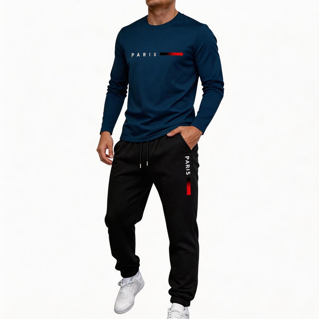 Men's Outdoor Sports Two Piece Set Breathable Long Sleeve Shirt and Elastic Waist Jogger Pants Casual Athletic Wear for Daily Activities