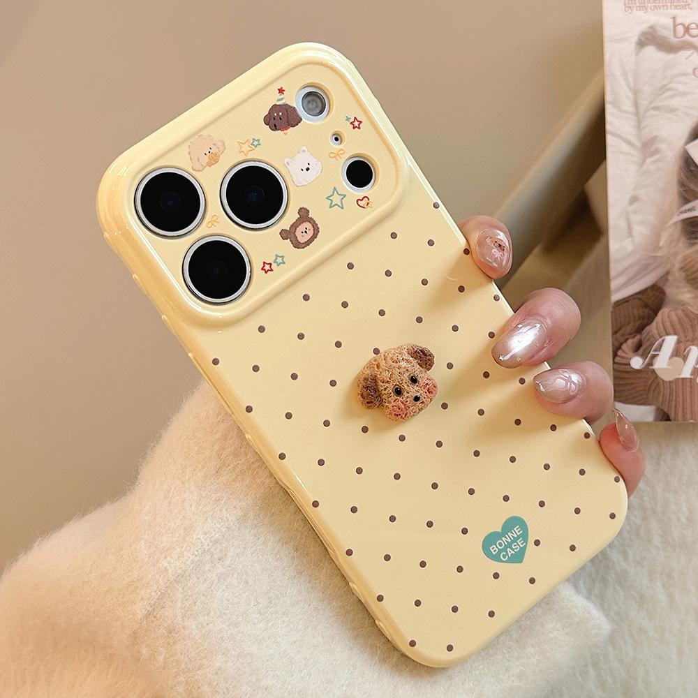 3D Cartoon Puppy Korean Polka Dots Soft Phone Cases for iPhone 17promax 17pro 17 16 15 14 13 Pro Max Shockproof Protective Cover