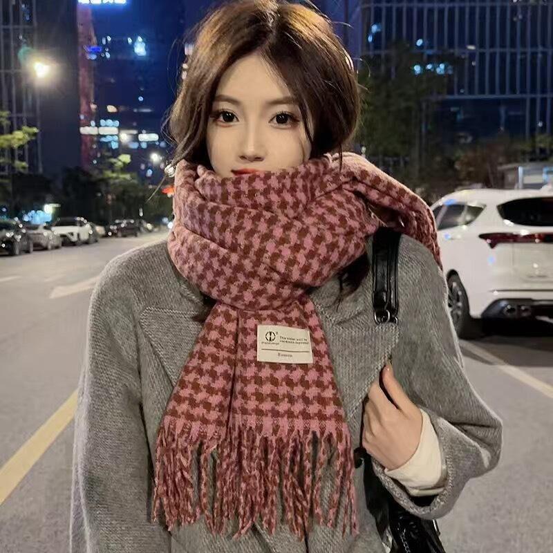Korean Style Plaid Mohair Scarf - Women's Winter Imitation Cashmere Shawl
