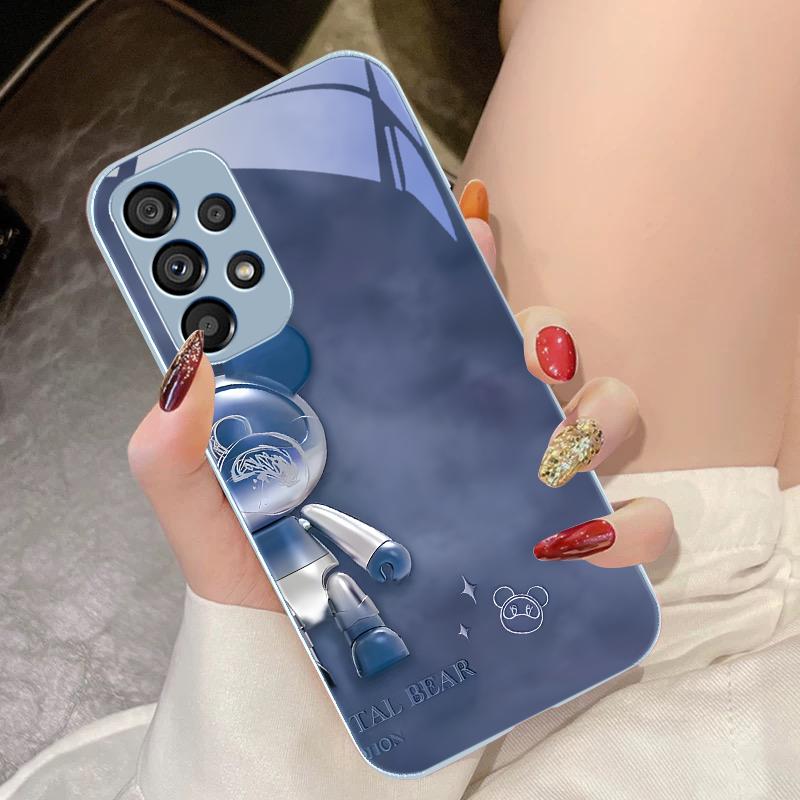 Crystal Metal Bear For Samsung Galaxy S10 4G S20 11E 30 S21 21Fe 22 S24 Pro S23 Ultra 5G S8 S9 Tempered Glass Phone Case