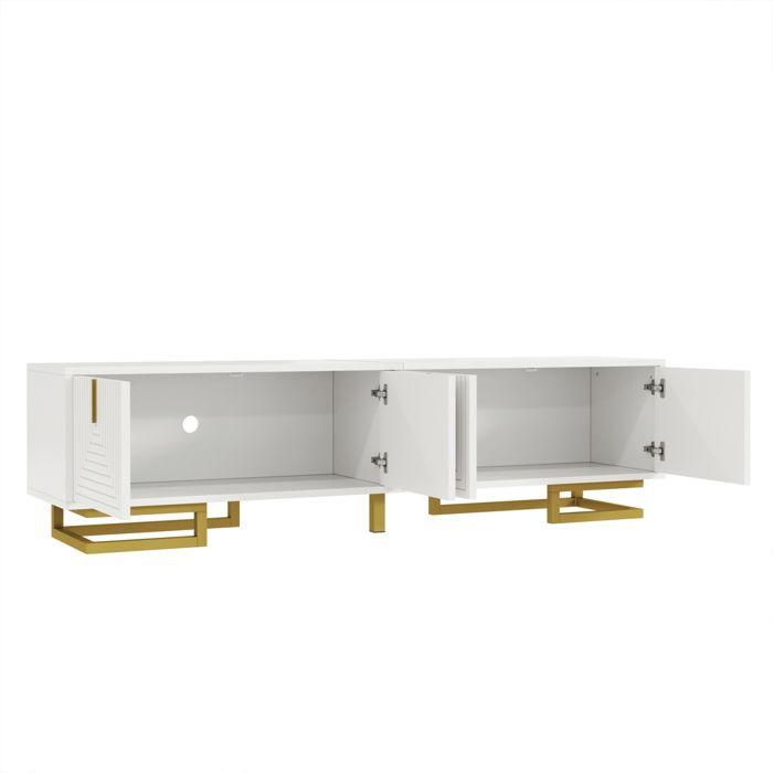 TV Cabinet, White, with 4 Textured Doors, Gold Handles and Legs, Living Room Furniture, 160 X 38 X 44 Cm