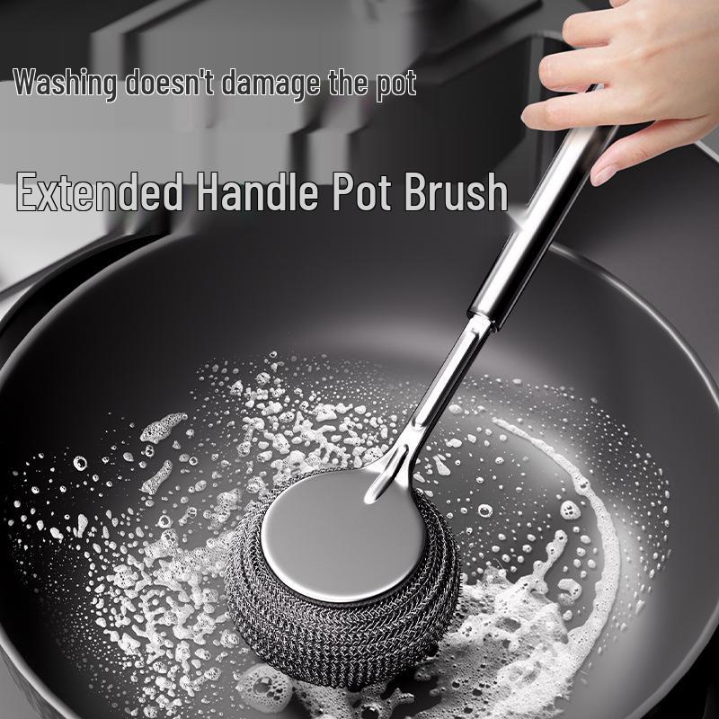 Stainless Steel Long Handle Pot Scrubbing Brush Steel Wire Ball Replacement Head