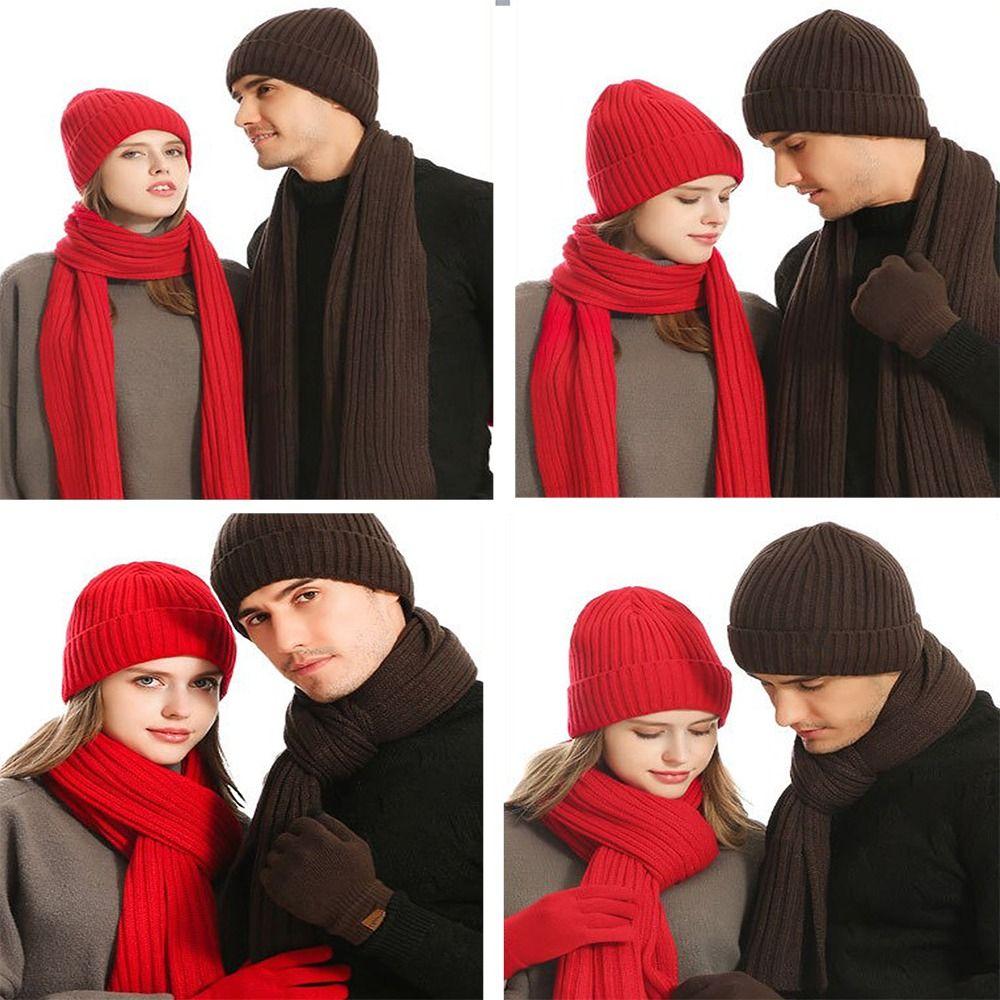 Solid Color Knitted Cap Soft Touchscreen Gloves Christmas Hat Scarf Gloves Set for 3Pcs/Set Men