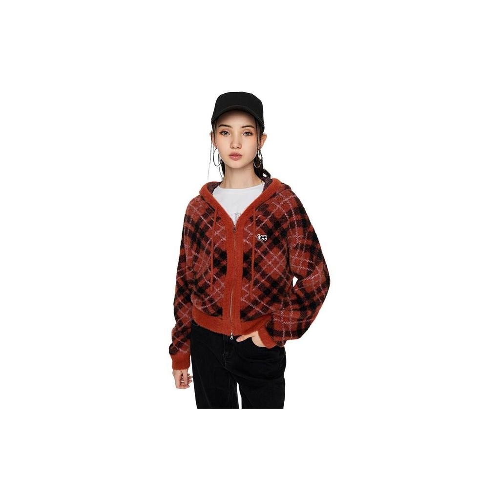 Lee Plaid Zipper Hooded Cardigan Jacket Women jackets Red-Brown LWT006667203330ANG000