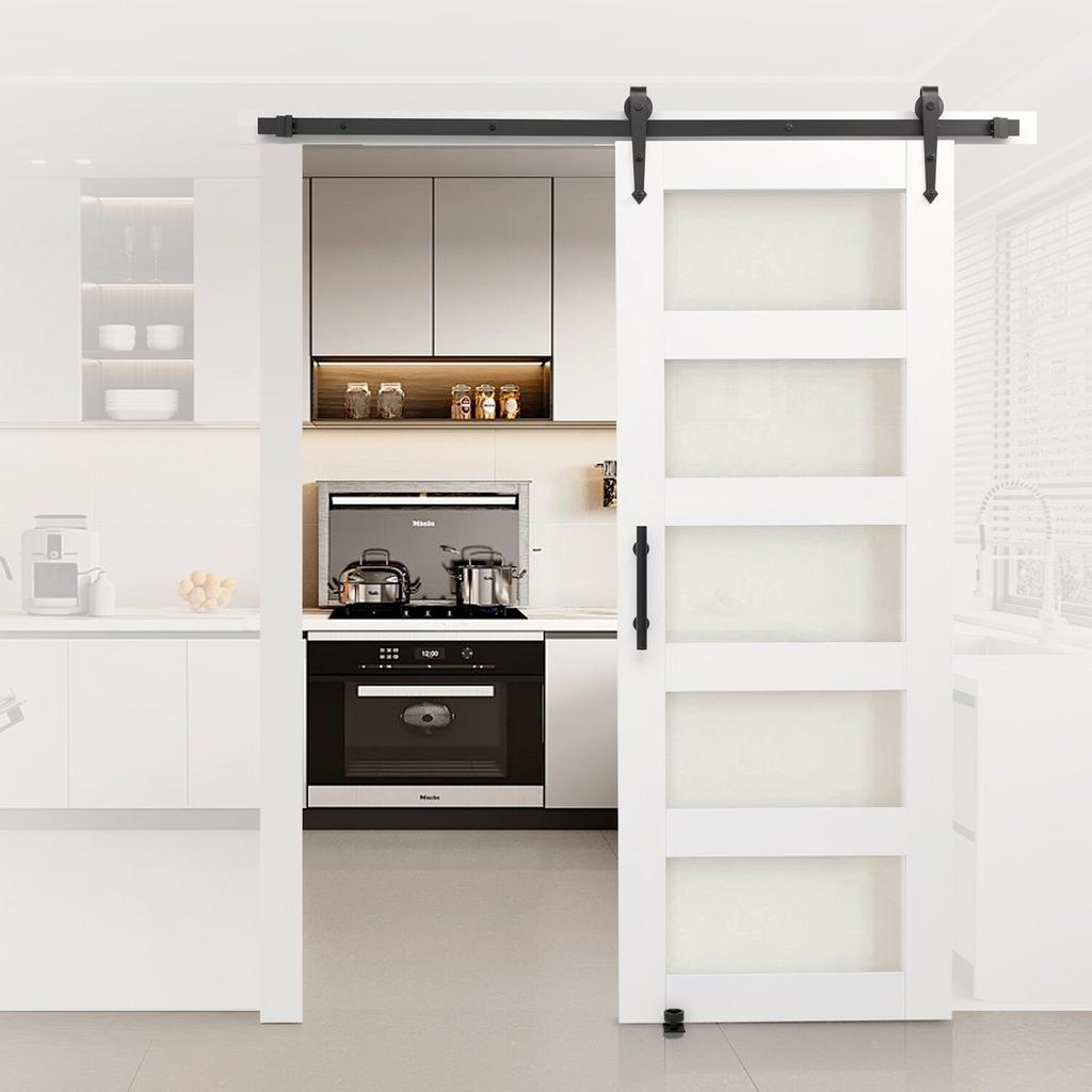 Sliding Barn Door, 813 x 2134mm, High-Strength MDF Panel and Glass, Barn Door with Hardware Kit, Water-Proof PVC Surface, Easy to Install, H-Frame,