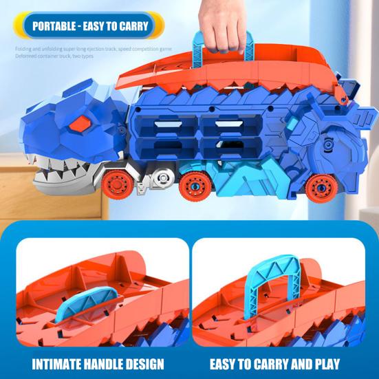 1 Set Dinosaur Swallow Truck Toy with Small Alloy Car Foldable Track Portable Handle Inertial Drive Dinosaur Container Carrier Vehicle Toy Boys Girls