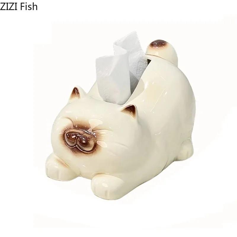 Lovely Siamese Kitten Ceramic Tissue Box Coffee Table Desk Decoration Cartoon Cat Tissue Box Bedside Table Paper Towel Case