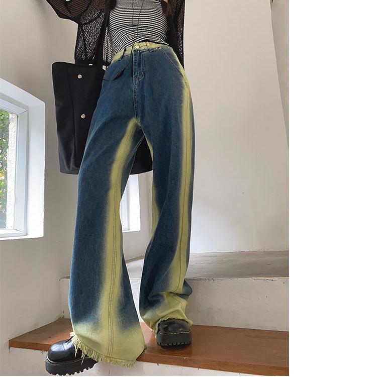 

Галстук Краситель Контраст Градиент Burr Джинсы Джинсовые брюки Женщины Харадзюку Уличная одежда Бойфренд свободные прямые брюки