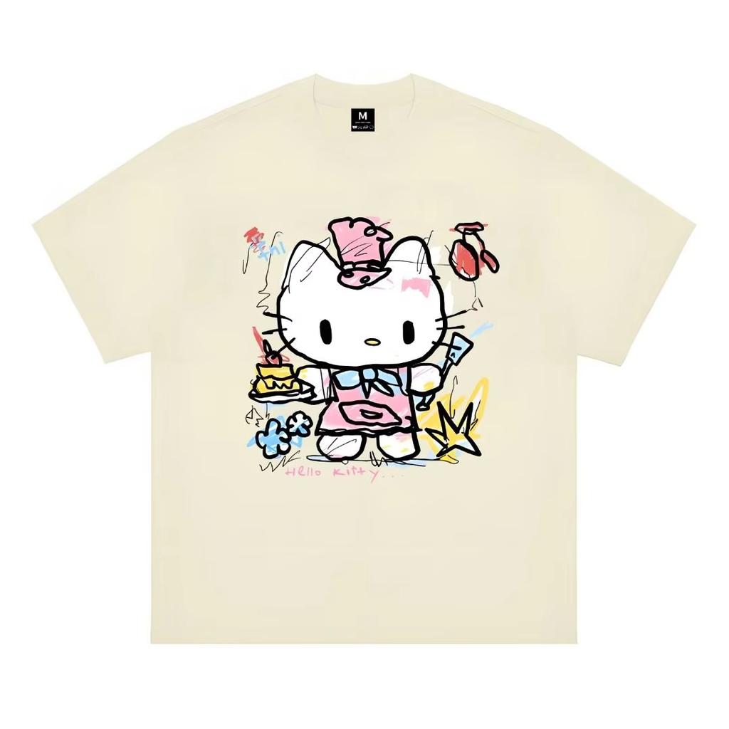 2026 Summer Hello Kitty Pastry Chef Oversized Tshirt High Quality 100 Cotton Graffiti Cake Print Unisex Y2K Casual Tee