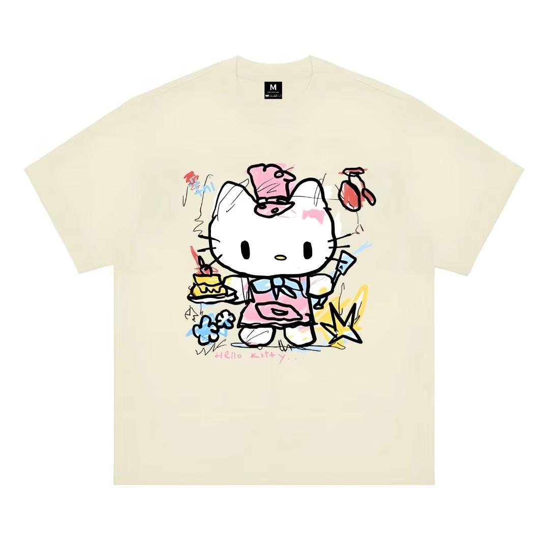

2026 Summer Hello Kitty Pastry Chef Tshirt High Quality Cotton Graffiti Cake Print Unisex Y2K Casual Tee S