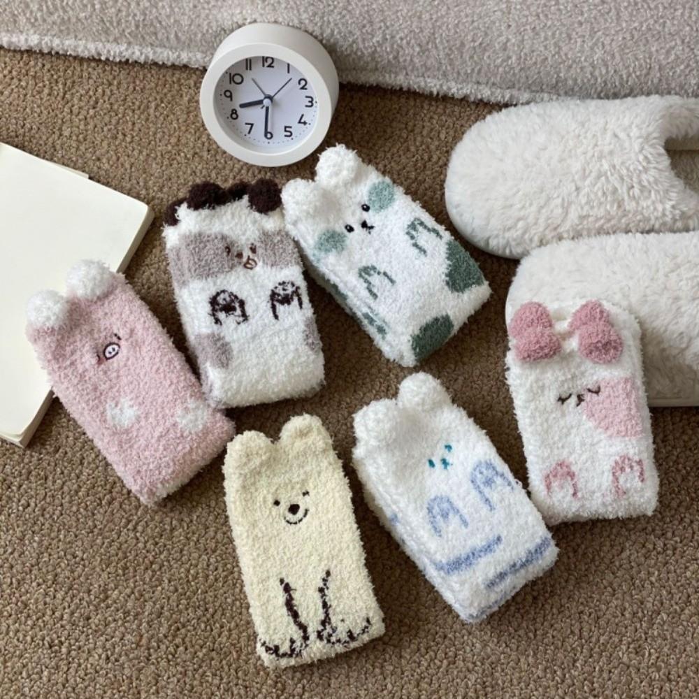 Soft Cute Animal Socks Breathable Winter Floor Socks Kitty Coral Fleece Socks  Girls