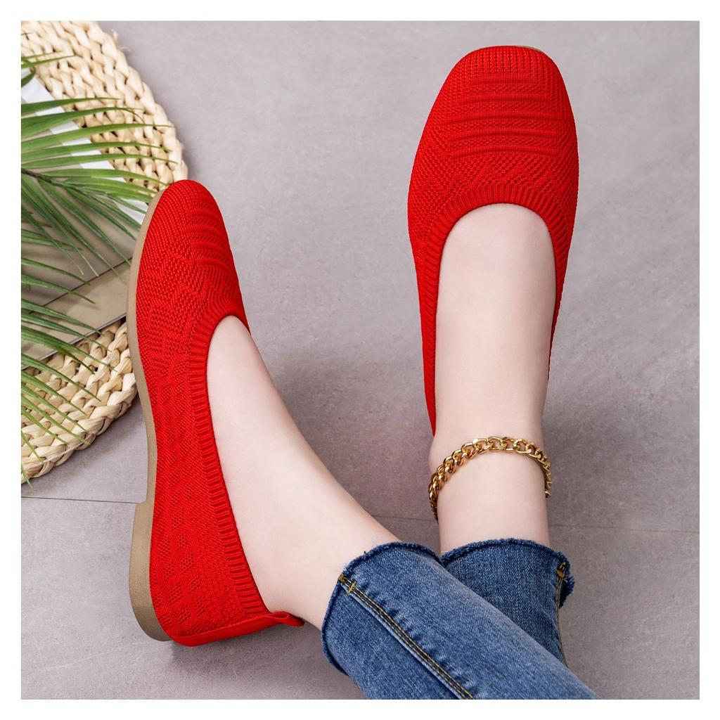 Women's Woven Flat Casual Shoes, Solid Color, Home and Outdoor, Fly Woven Breathable Single Shoes, Soft Sole Flat Shoes, Square Toe Casual Shoes