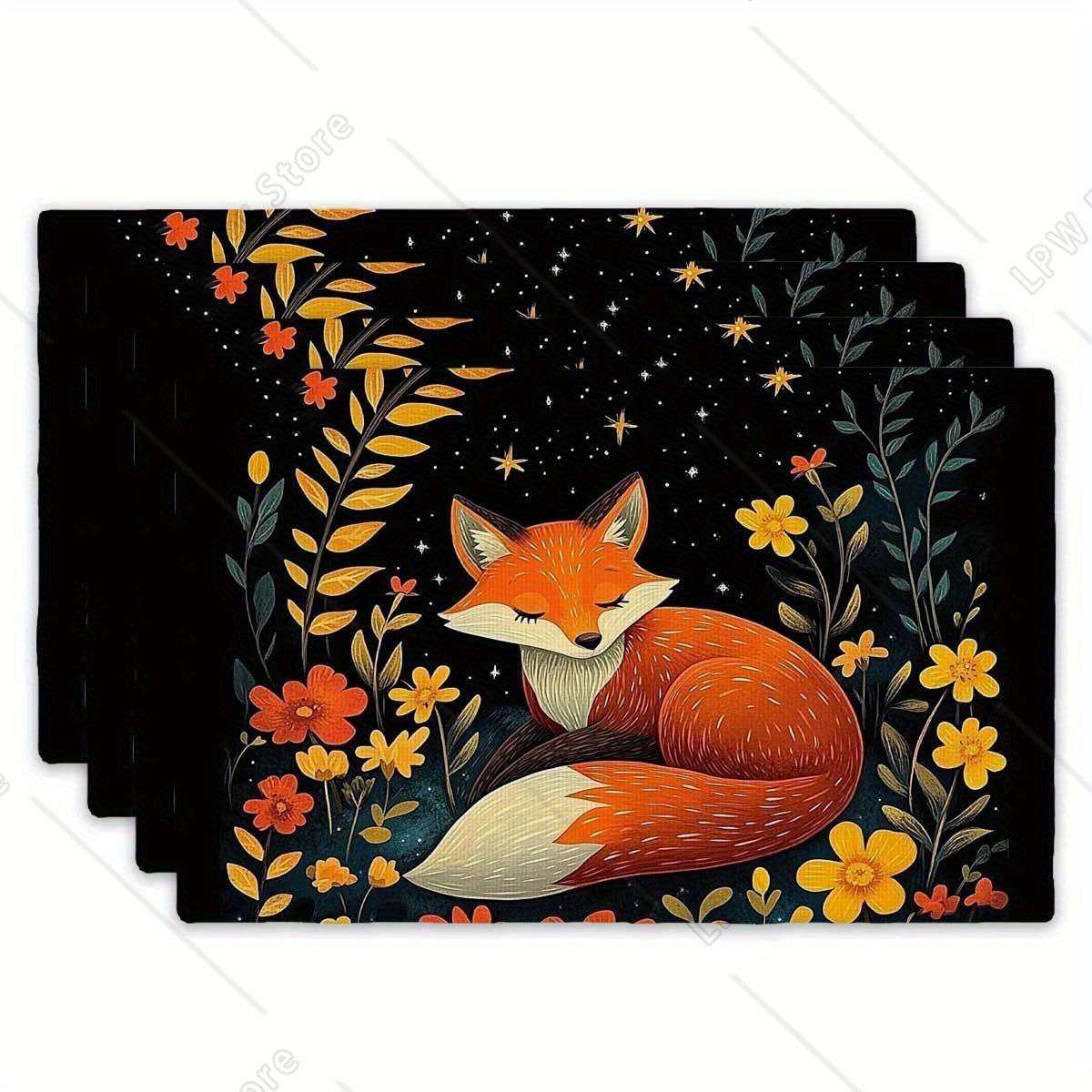 4pcs Set of Placemats Floral Fox Shadow Mysterious Style Placemats  Rectangular Placemats for Kitchen Dining Table 4 PCS 12x18inch