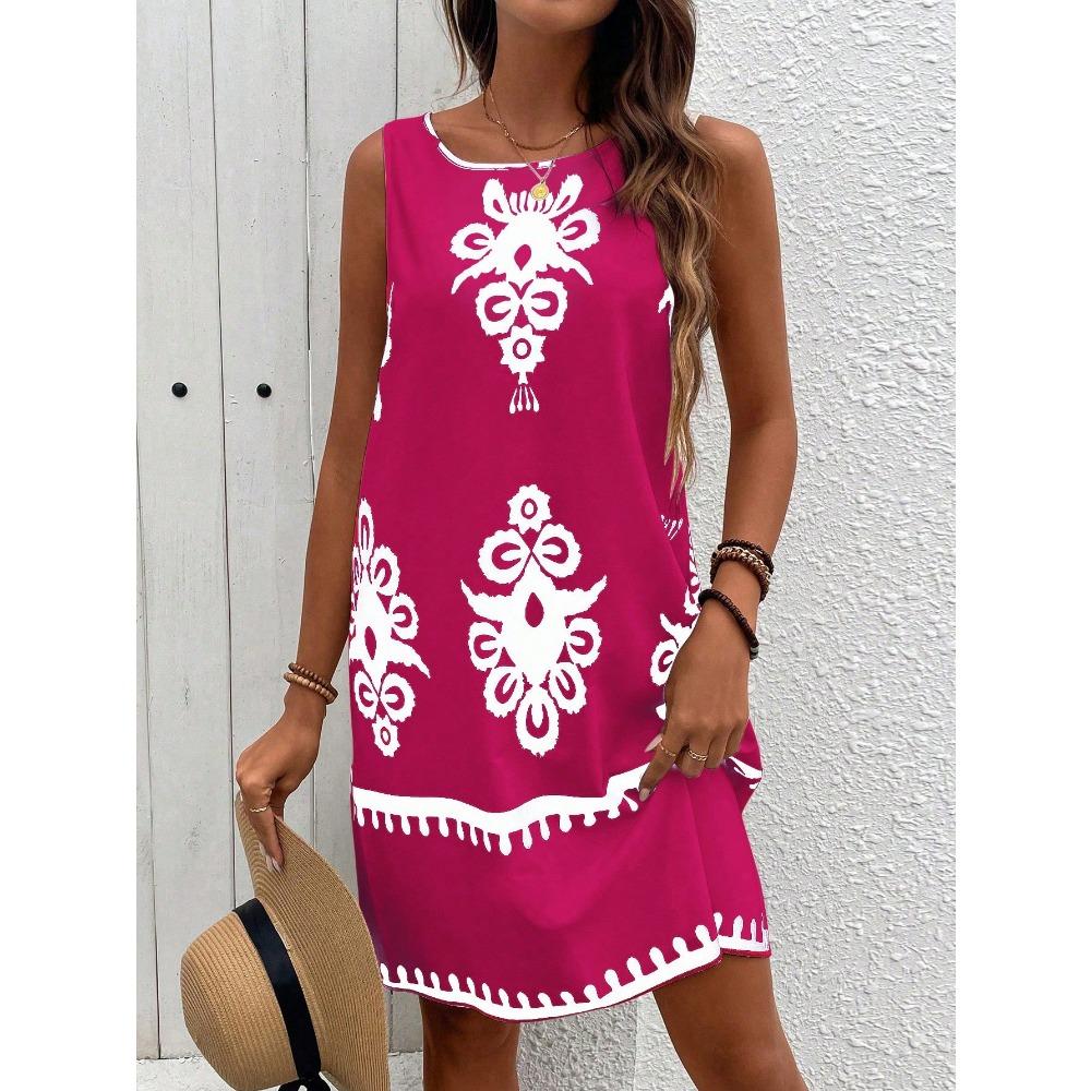 Abito estivo casual senza maniche stampato da donna, outfit da vacanza e da spiaggia, abiti bohémien, abbigliamento estivo Y2k da donna