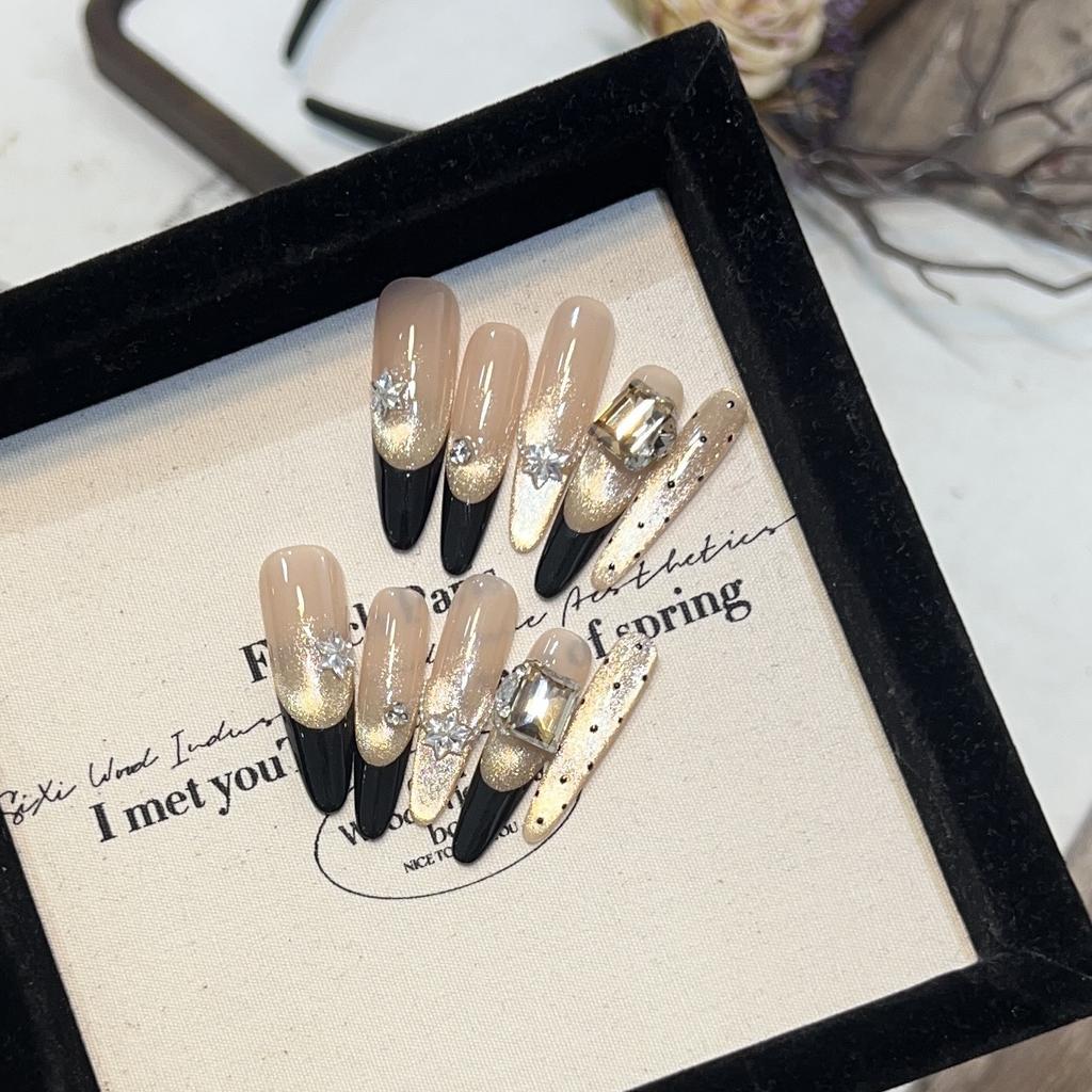 Pure Hand-woven Armor High-end Golden Light-chasing Cat Eye Nail Art Black French Flash Zircon Diamond Fake Nail Sheet