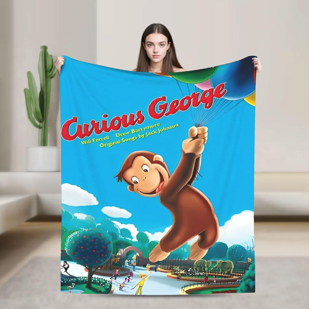 Cartoon Curious George Flannel Blanket  Soft Warm Throw Blanket for Couch Chair Decorative Funny Bedspread Sofa Bed Cover