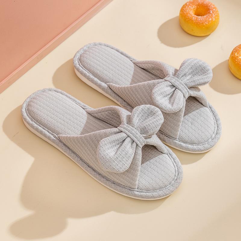 Elegant Hairy Slippers Bow Knitted Cotton Home Slippers Cute Girls Open-toe Couple Sandals Slippers Female Home Shoes Slippers Pink