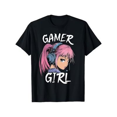 European Sizes Girl Gamer Pattern T-Shirt - Black Casual Short Sleeve Crew Neck Pink Headset Handle Design